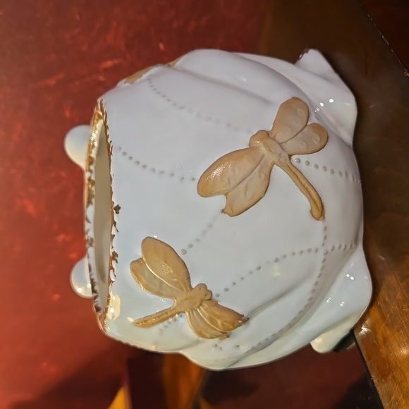 Ceramic Frog Dragonfly Design - White/Brown Planter - Picture 4 of 7